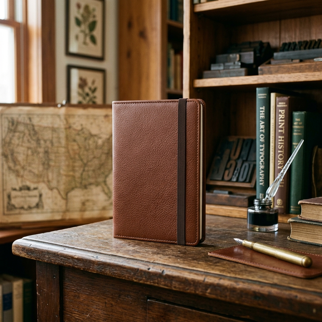 The Correspondent Journal in saddle leather on a writing desk